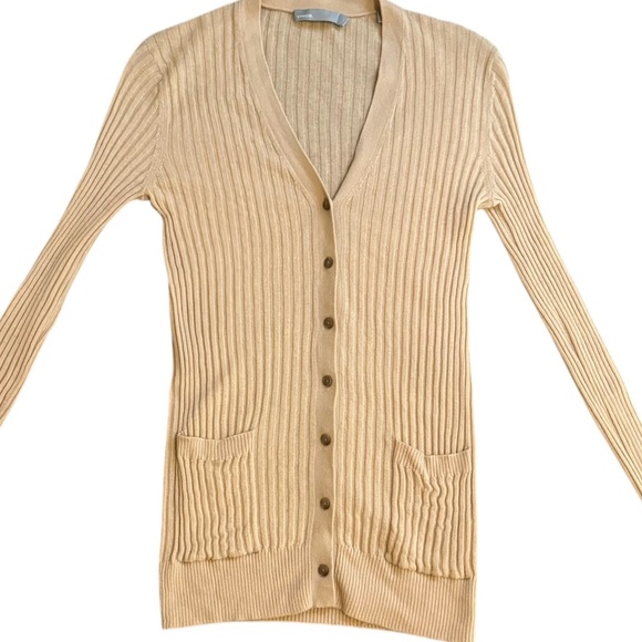 VINCE Skinny Ribbed 100% Cashmere Soft Button Down Beige Cardigan Women’s Medium - Picture 6 of 12